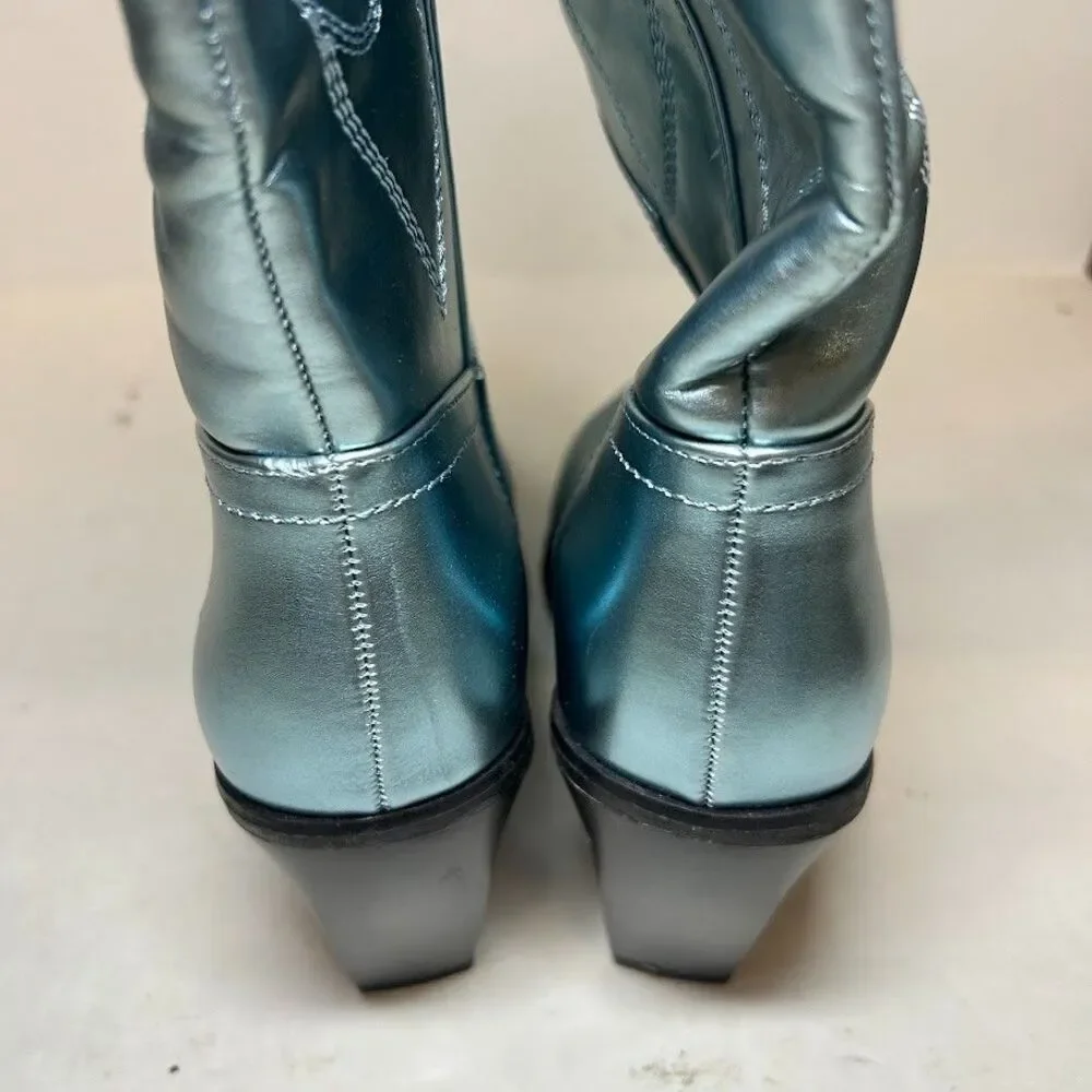 Madden Girl Womens 7 M Blue Metallic Arizona Western Knee High Boots DISPLAY QK3